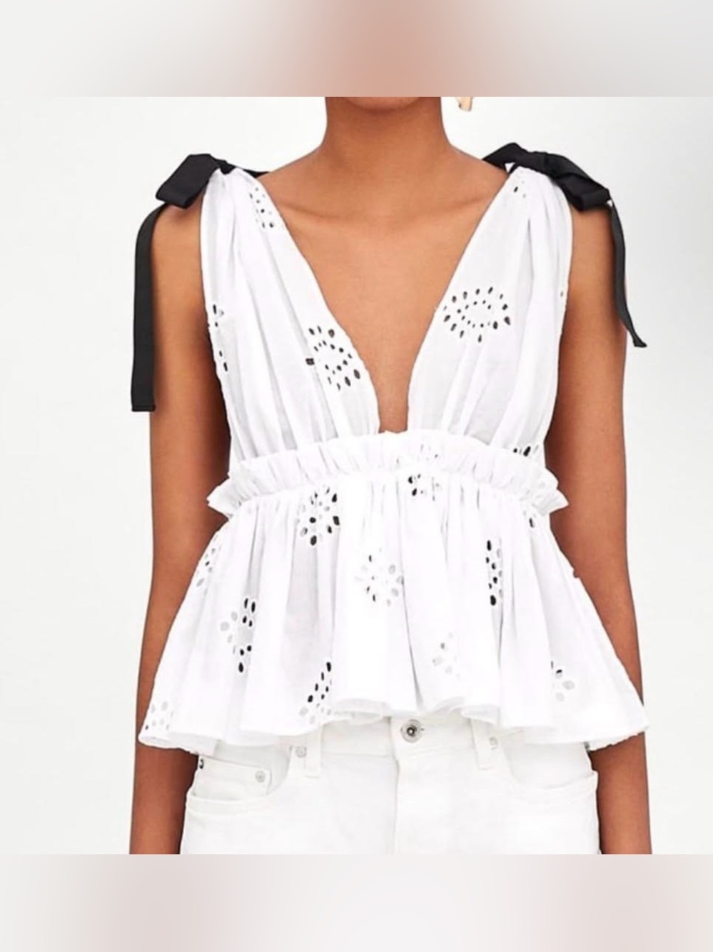 Zara Trf Collection White Eyelid Babydoll Top
